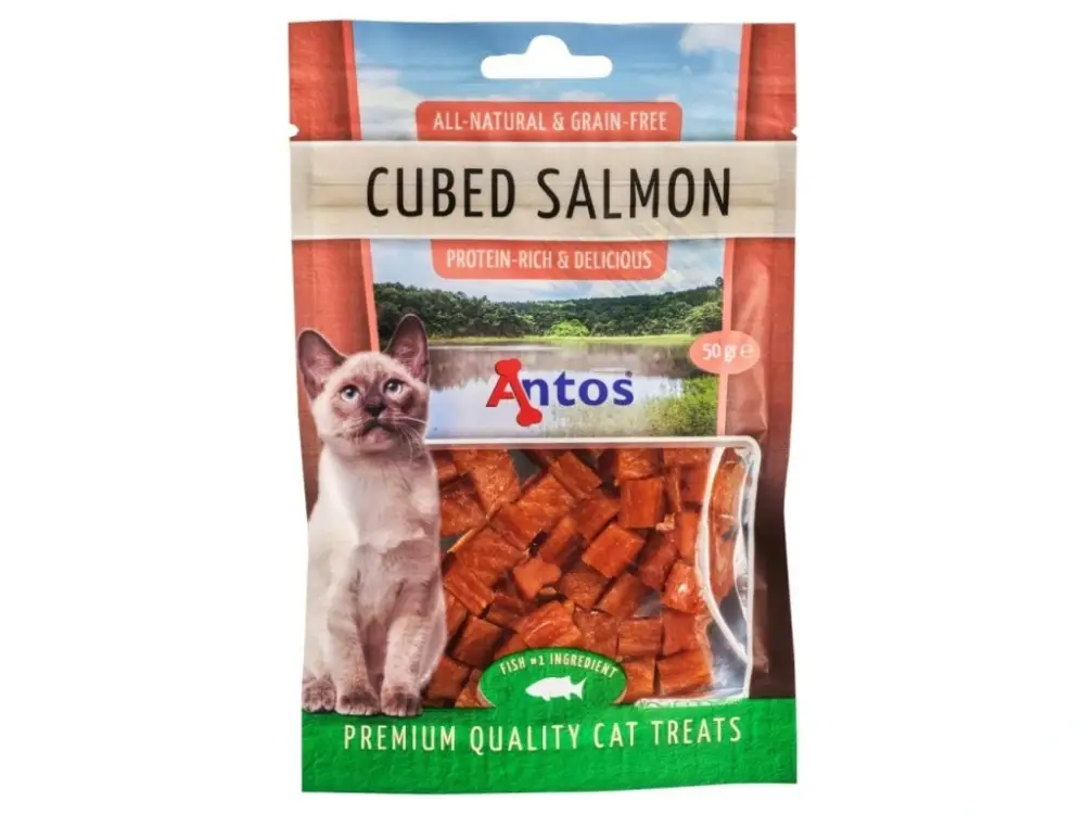 Omezená Nabídka Cat treats lososové čtverečky 50g