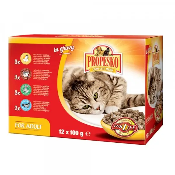 PROPESKO Cat hovězí, kuřecí, králičí a losos, kapsa 100 g (pack 12 ks) Rychlé Dodání