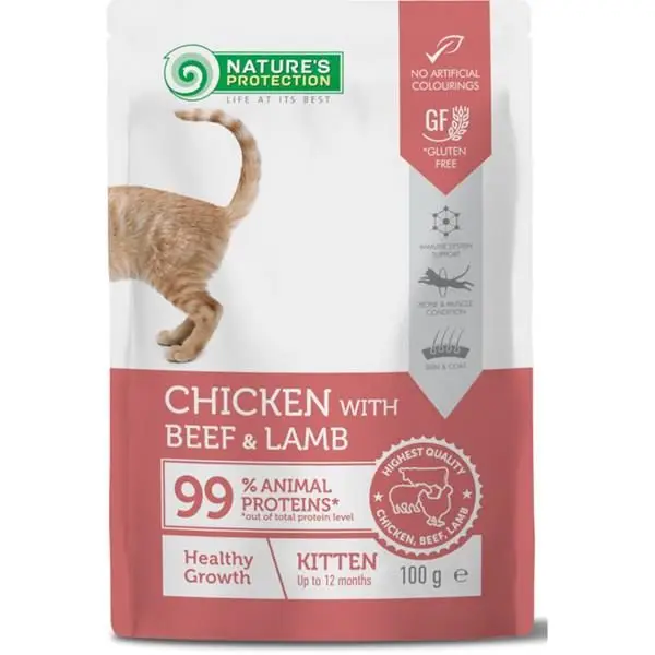 Časově Omezené Natures Protection Cat kaps. Kitten Chicken, Beef and Lamb 100g