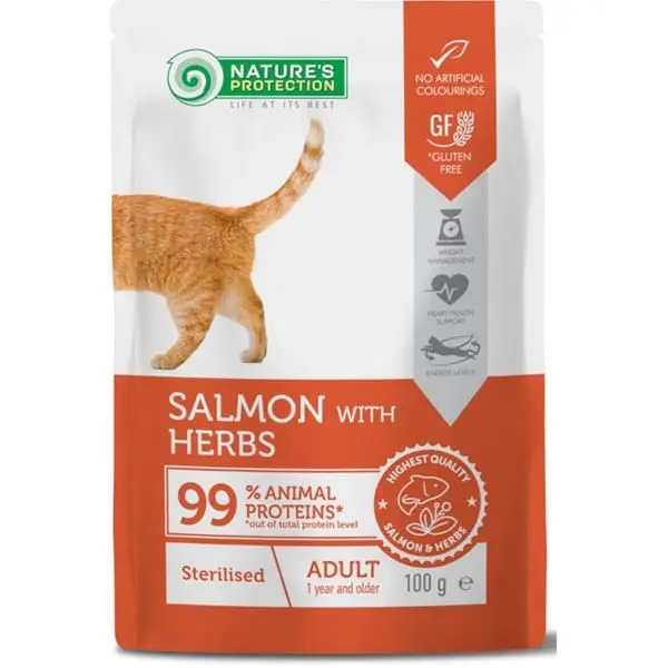 Natures Protection Cat kaps. Sterilised Salmon and Herbs 100g Oblíbený