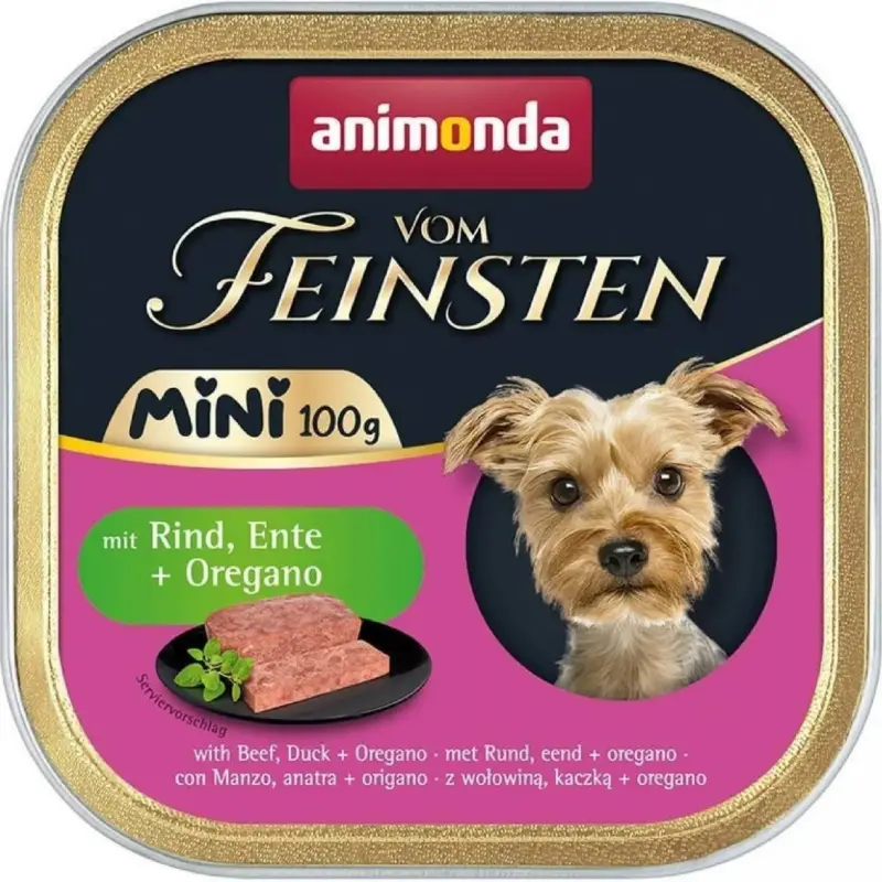 Aktuální ANIMONDA paštika Vom Feinsten MINI - hovězí, kachna, oregáno pro psy 100 g