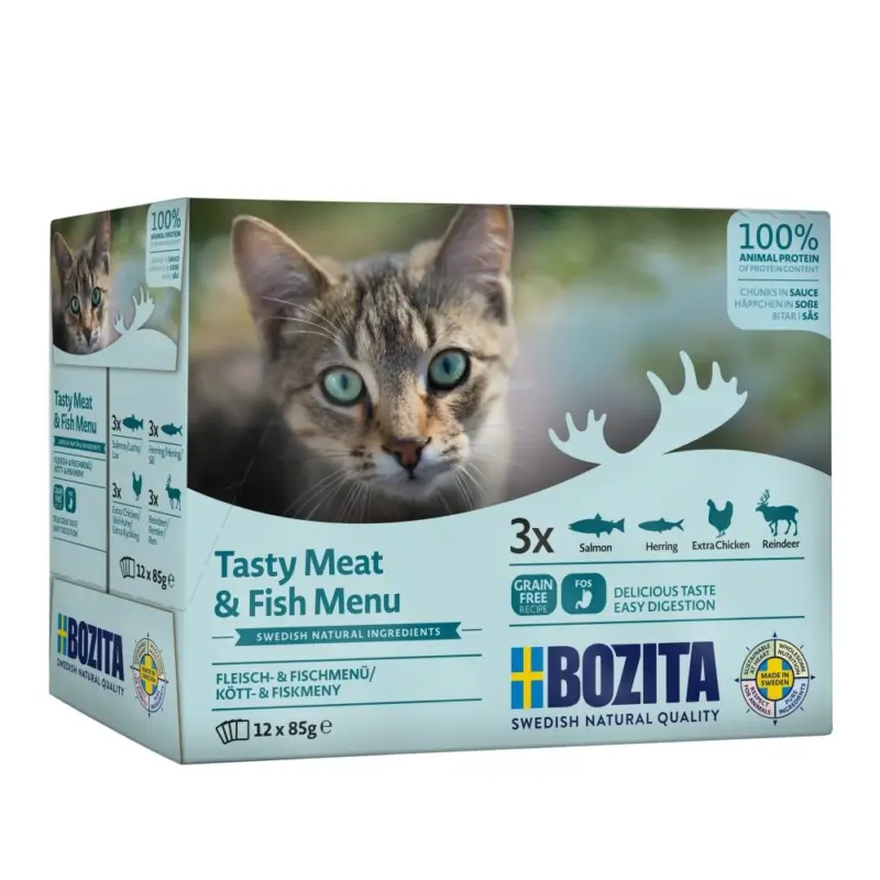 Bozita Cat kousky masa a ryb v omáčce, kapsička 85 g (12 pack) Sleva