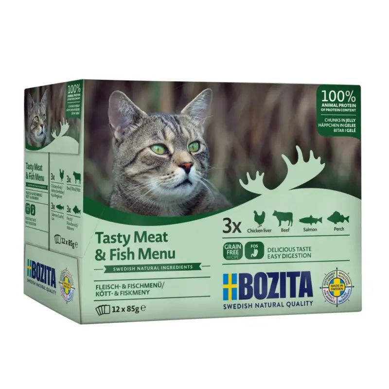 Cenově Výhodný Bozita Cat kousky masa a ryb v želé, kapsička 85 g (12 pack)