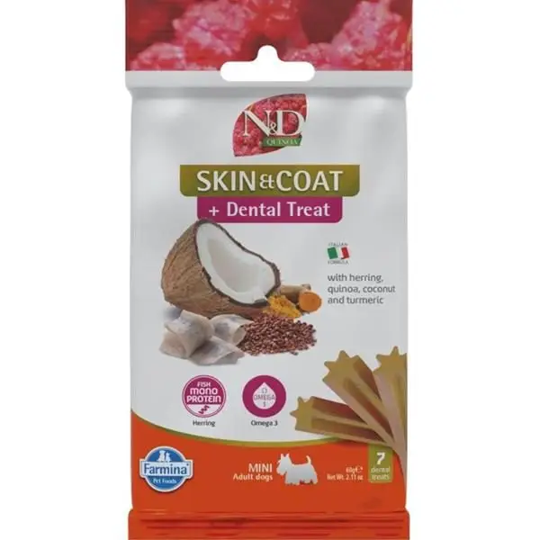 Vysoce Kvalitní N&D QUINOA Dog Dental Snack Skin & Coat Herring Mini 60 g