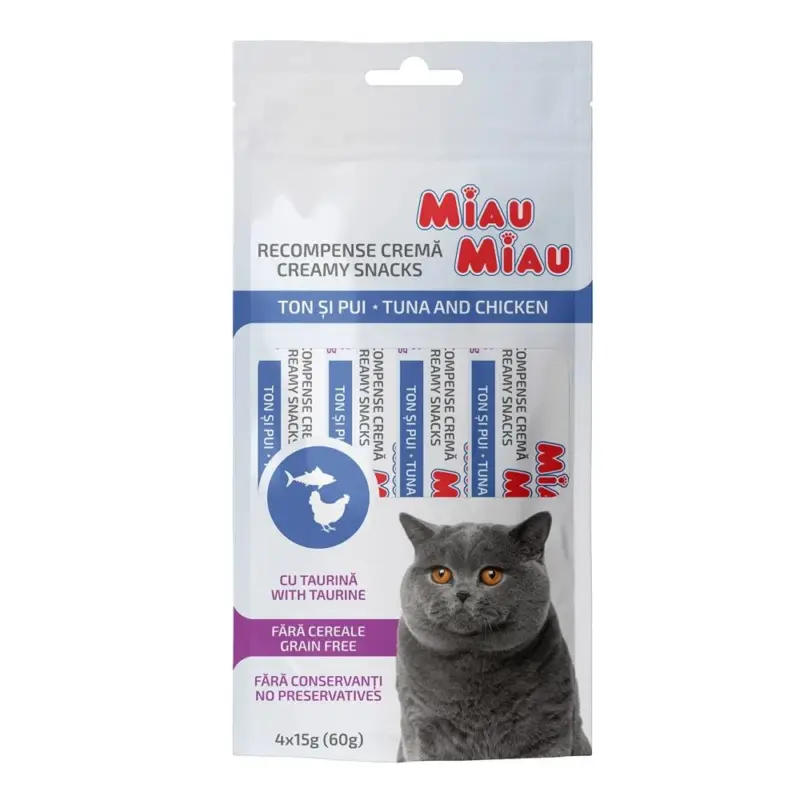 Miau Miau Creamy Snacks Cat tuňák a kuřecí 15 g (4 pack) Nová Kolekce
