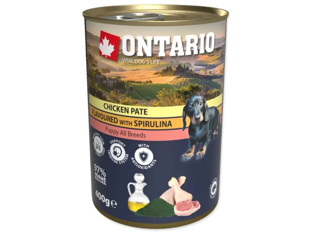 Odeslání Ihned Konzerva Ontario Puppy kuře se spirulinou, paté 400g
