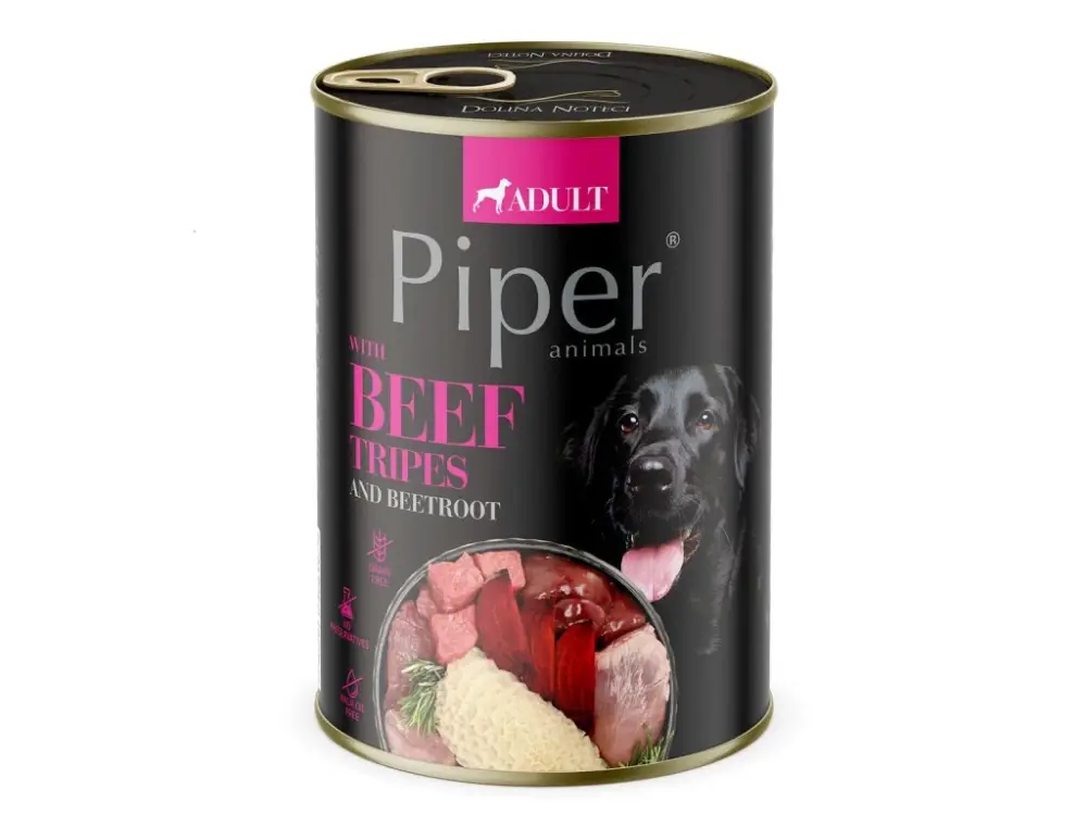 Nízká Cena NEW PIPER s hovězími žaludky a červenou řepou, konzerva pro psy 400 g