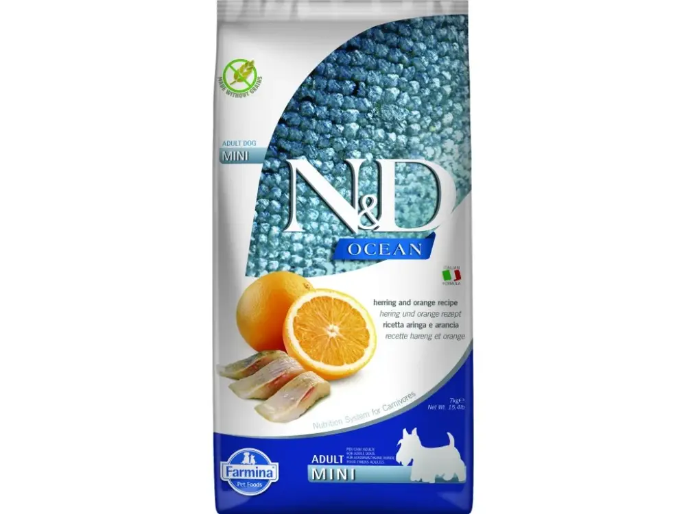 Speciální Cena N&D OCEAN DOG Adult Mini Herring & Orange 7kg