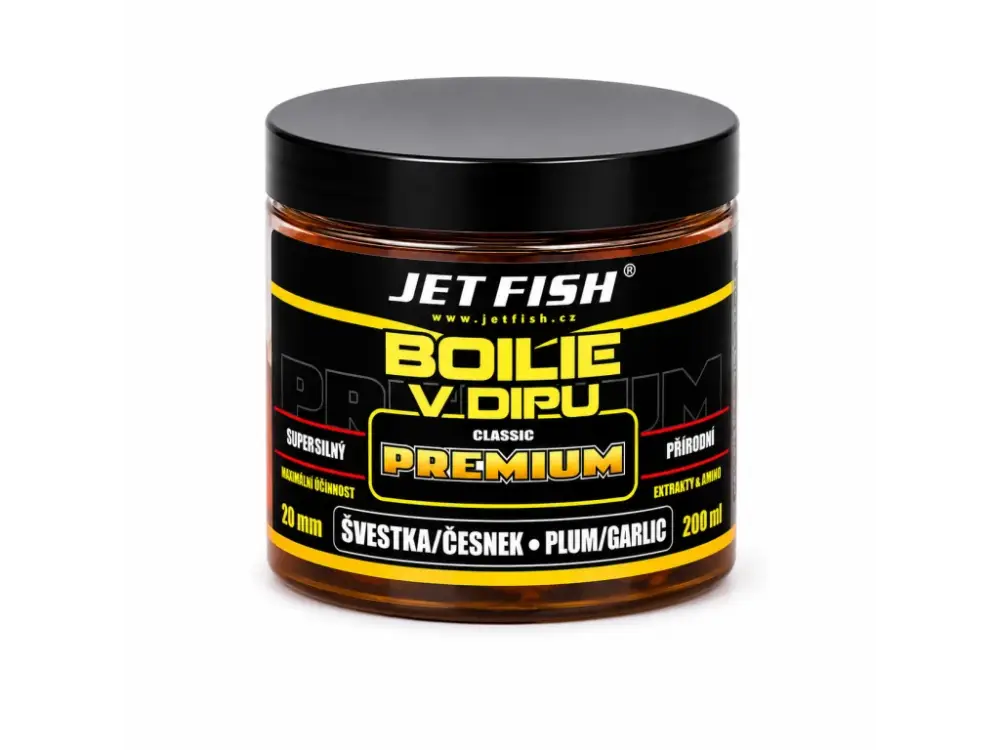 Ihned K Objednání Jet Fish Premium clasicc boilie v dipu ŠVESTKA ČESNEK 20 mm 200ml