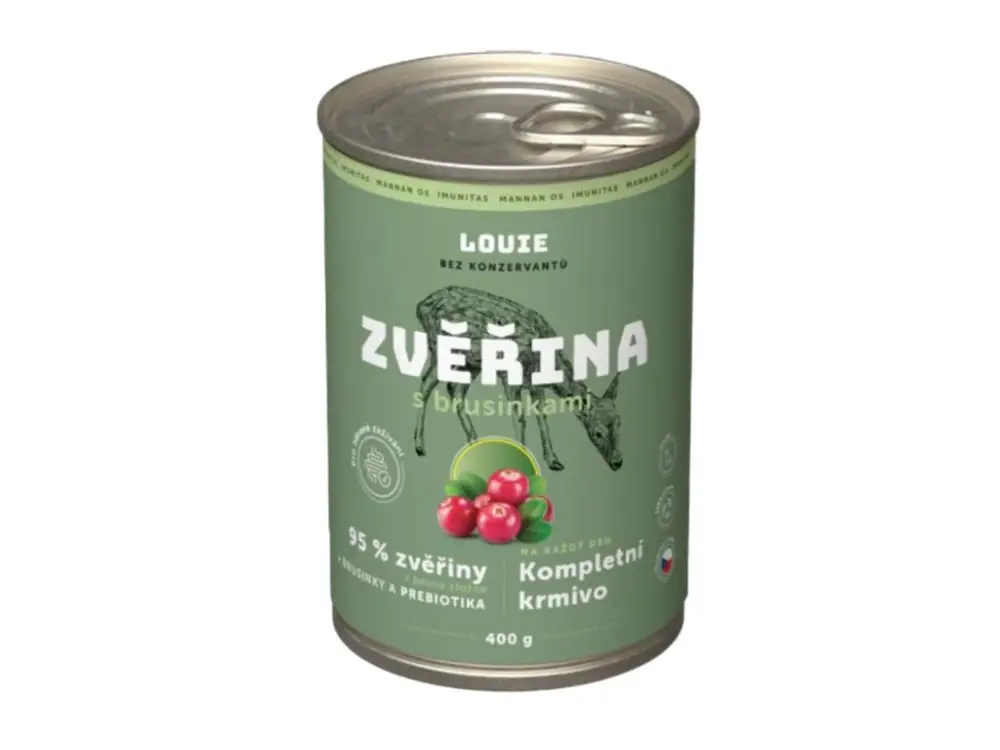 Akční Cena Louie Dog konz. Zvěřina s brusinkami a prebiotiky 400g