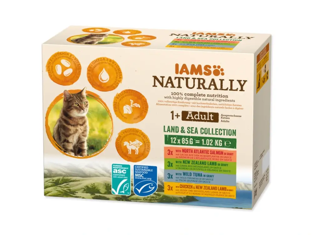 Kapsička IAMS Naturally mořské a suchozemské maso v omáčce multipack (12x85g) 1020 g Zlevněný