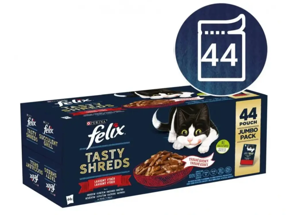 Cenově Výhodný Felix Tasty Shreds Multipack hovězí, kuře, kachna, krůta 44x80g