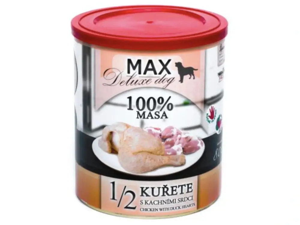 Dokud Zásoby Vydrží Max Deluxe Dog 1/2 kuřete s kachními srdci 800g