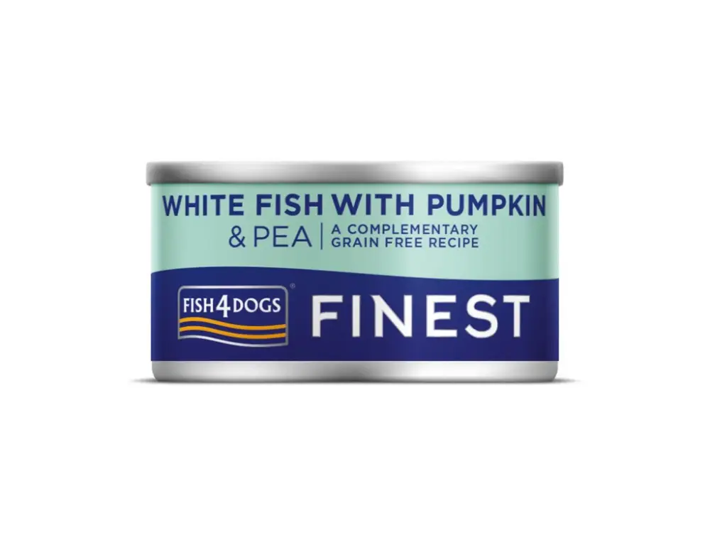Cenově Výhodný FISH4DOGS Konzerva pro psy Finest bílá ryba s dýní a hráškem 85 g