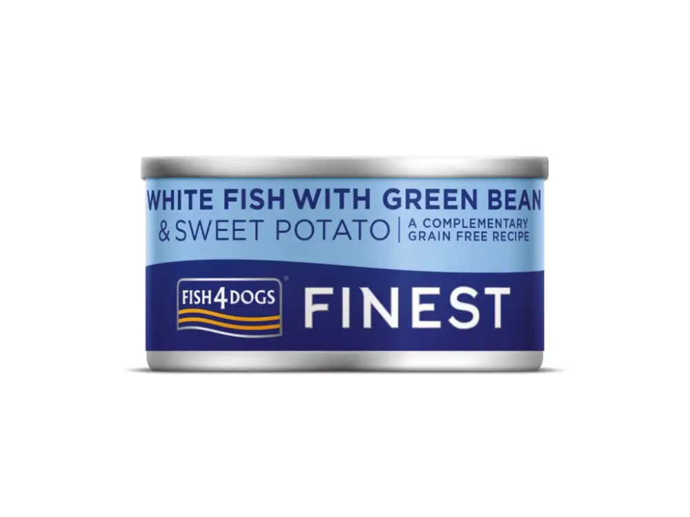 Dokud Zásoby Vydrží FISH4DOGS Konzerva pro psy Finest s bílou rybou, sladkými bramborami a zelenými fazolkami 85 g