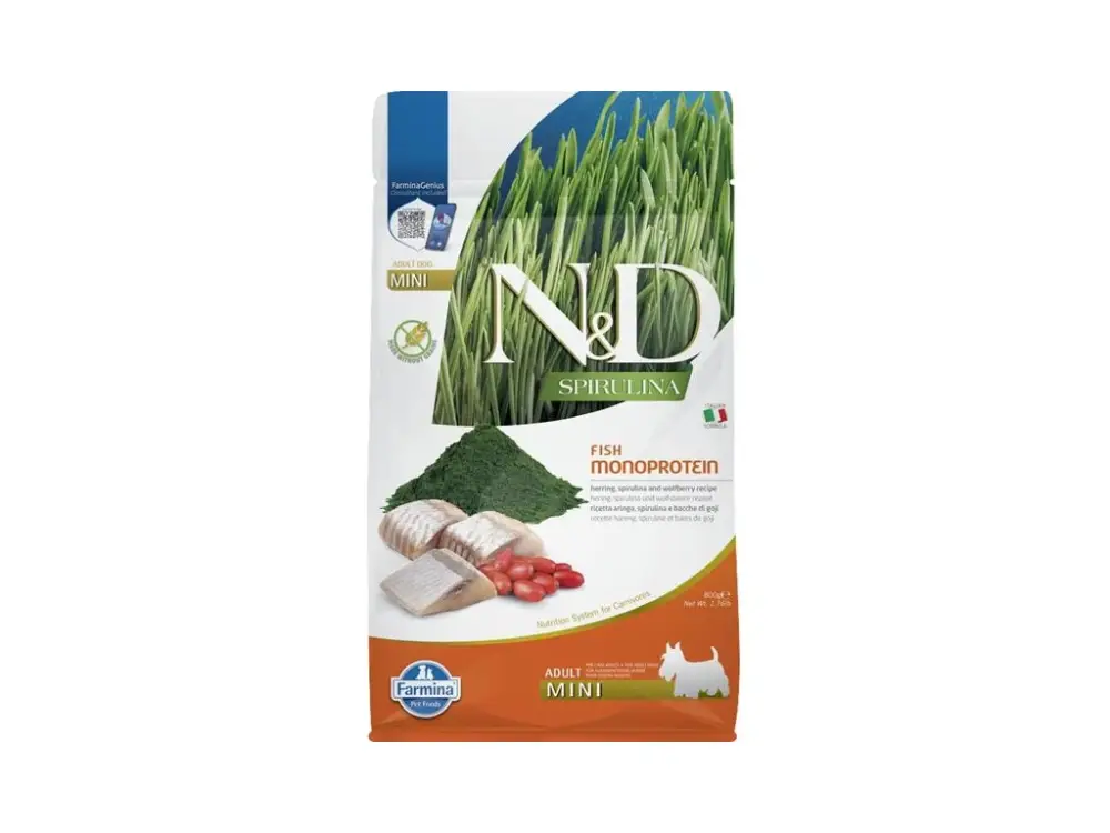 Dokud Zásoby Vydrží N&D SPIRULINA Dog GF Herring and Goji Adult Mini 800 g