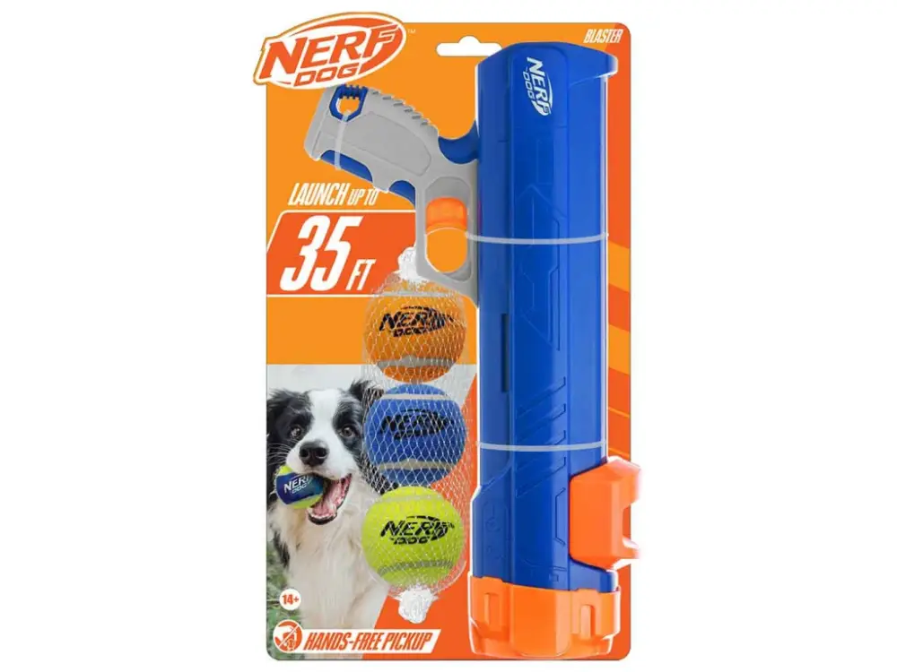 Cenově Výhodný NERF DOG Hračka pro psy Blaster 30 cm bez klipu na míček + 3 ks pískacích tenisových míčků 5 cm