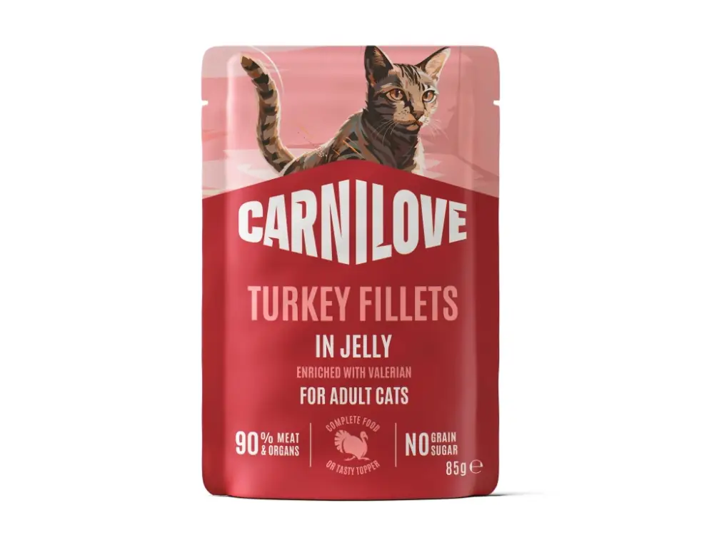 Akce Carnilove Cat kapsička Jelly Krůta + kozlík lékařský 85g