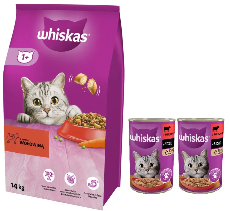WHISKAS Adult hovězí 14 kg + WHISKAS 2x400g Akční Nabídka