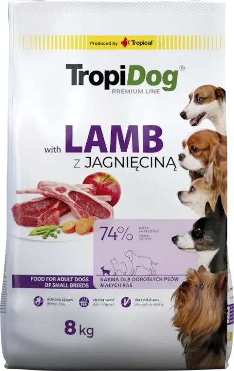 TROPIDOG Premium Adult Small Breeds s jehněčím a rýží 8kg Nová Kolekce