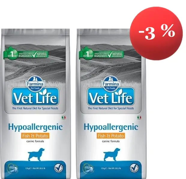 Ověřený FARMINA Vet Life Dog Hypoallergenic Fish & Potato 2x12kg ZAHRNUTO -3%