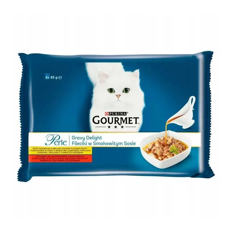 Aktuální GOURMET Perle krmivo pro dospělé kočky Kuřecí hovězí v omáčce 4x 85g