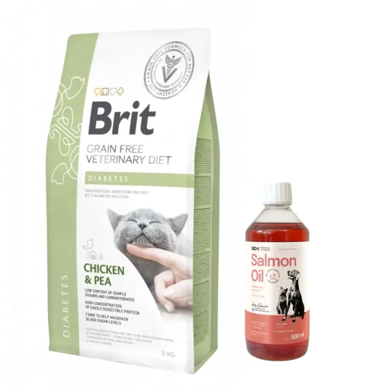 Speciální Cena Brit gf veterinární dieta kočka diabetes 5kg + LAB V Lososový olej 500 ml