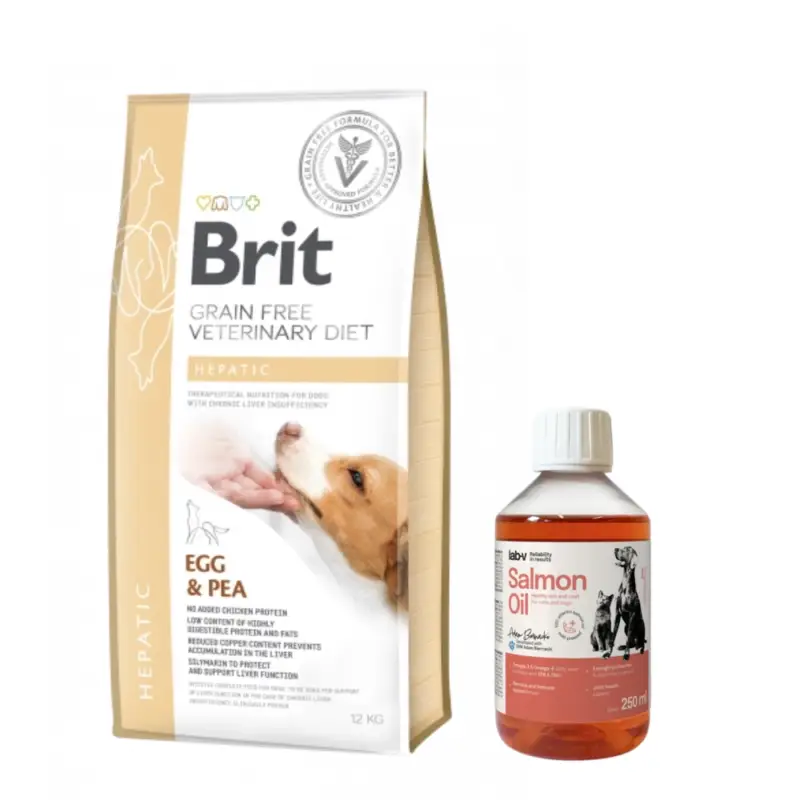 Zlevněný Brit gf veterinary diets dog Hepatic 2kg + LAB V Lososový olej 250ml