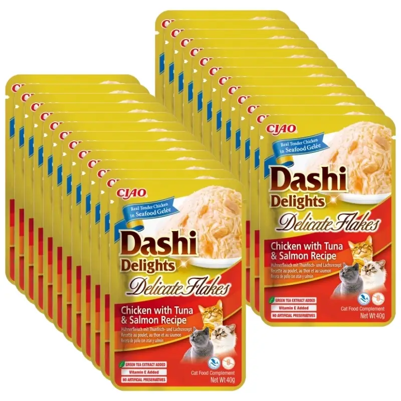 INABA Dashi Delights Delicate Flakes Kuře s tuňákem a lososem 24x40g Nakupujte Hned
