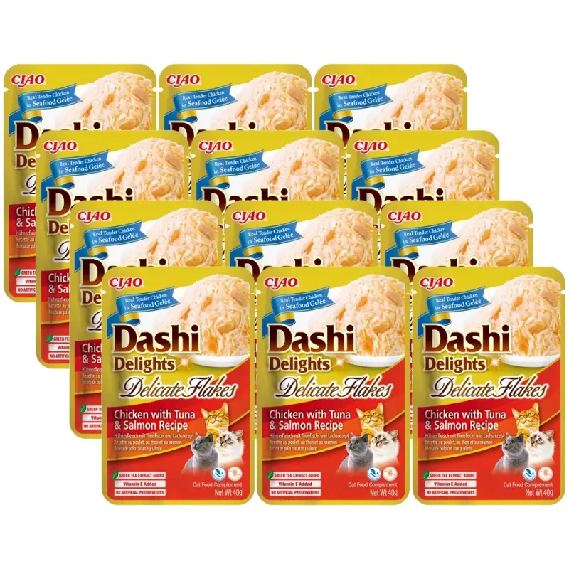 INABA Dashi Delights Delicate Flakes Kuře s tuňákem a lososem 12x40g Akční Cena