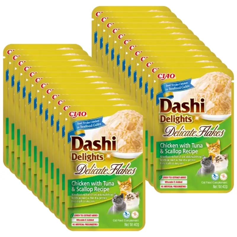 Poslední Šance INABA Dashi Delights Delicate Flakes Kuře s tuňákem a mušlemi 24x40g