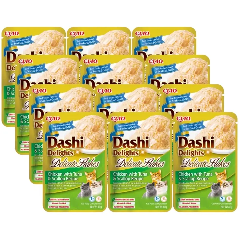 Zlevněný INABA Dashi Delights Delicate Flakes Kuře s tuňákem a mušlemi 12x40g