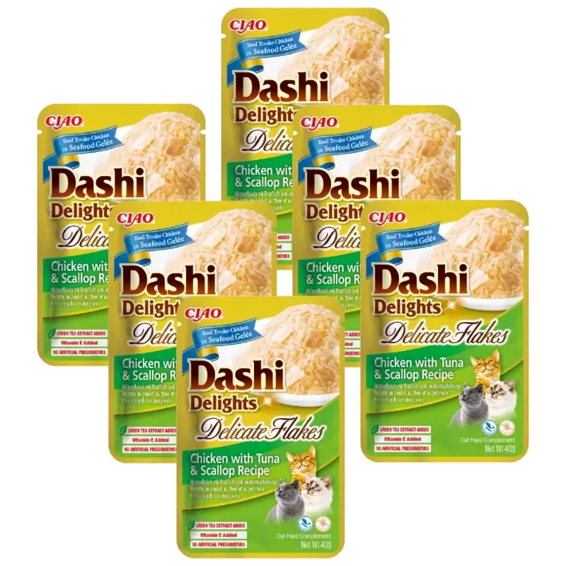 Tovární Cena INABA Dashi Delights Delicate Flakes Kuře s tuňákem a mušlemi 6x40g