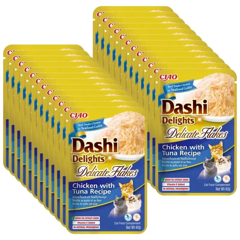 Speciální Cena INABA Dashi Delights Delicate Flakes Kuře s tuňákem 24x40g
