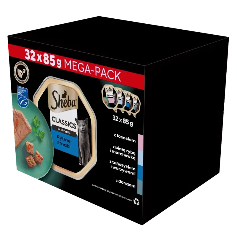 Tácky s rybími příchutěmi SHEBA Classics 32x85g Sezónní Sleva