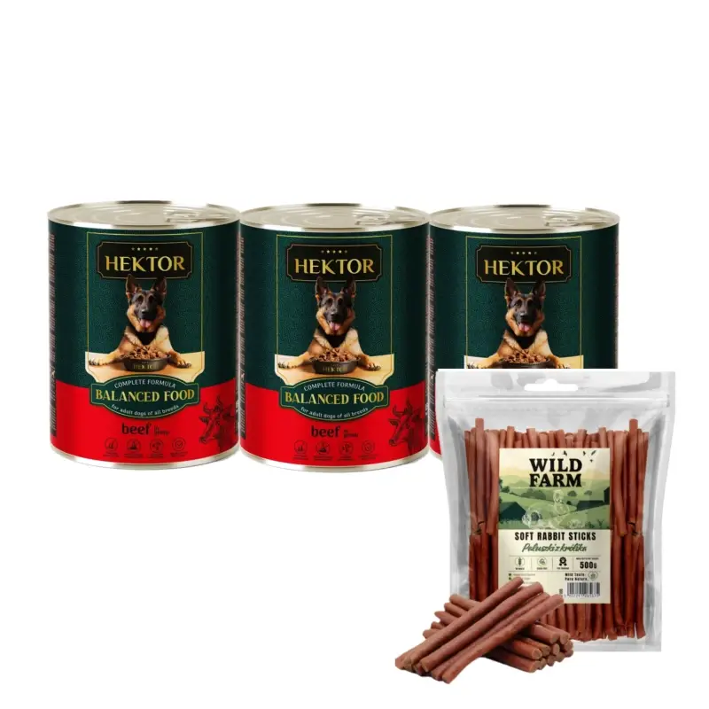 Značkový Hektor 3x1240g Hovězí + WILD FARM králičí tyčinky 500g pamlsky pro psy