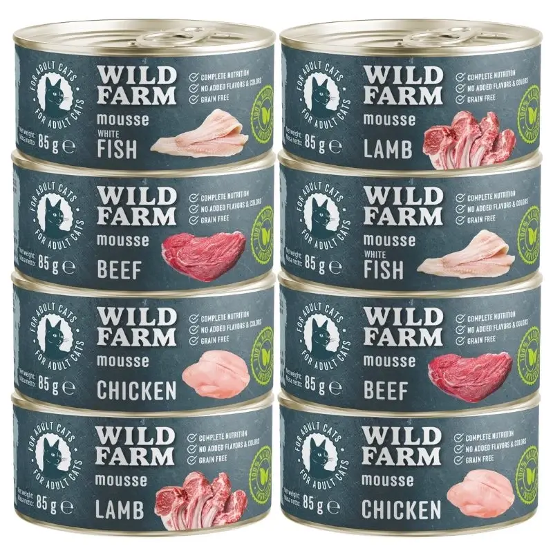 Výhodná Nabídka WILD FARM Mousse Mix příchutí 8x85g - pěna pro kočky bez obilovin
