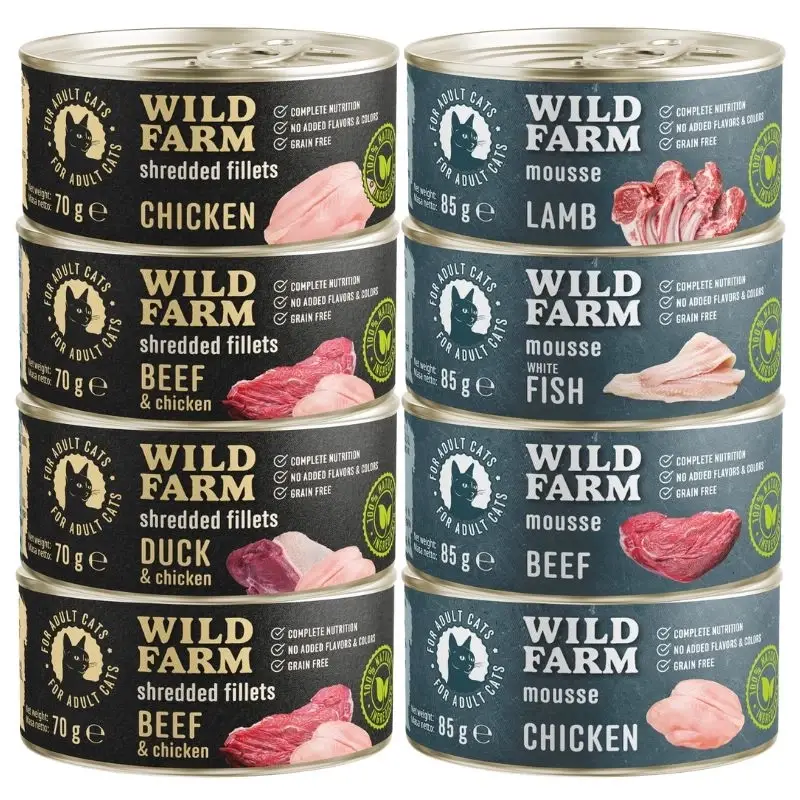 Finální Výprodej WILD FARM Mix příchutě 4x85g + 4x70g - krmivo pro kočky bez obilovin
