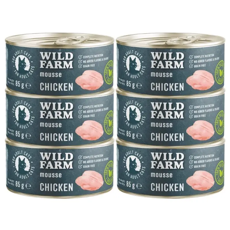 Omezená Nabídka WILD FARM Mousse Chicken 6x85g - pěna pro kočky bez obilovin