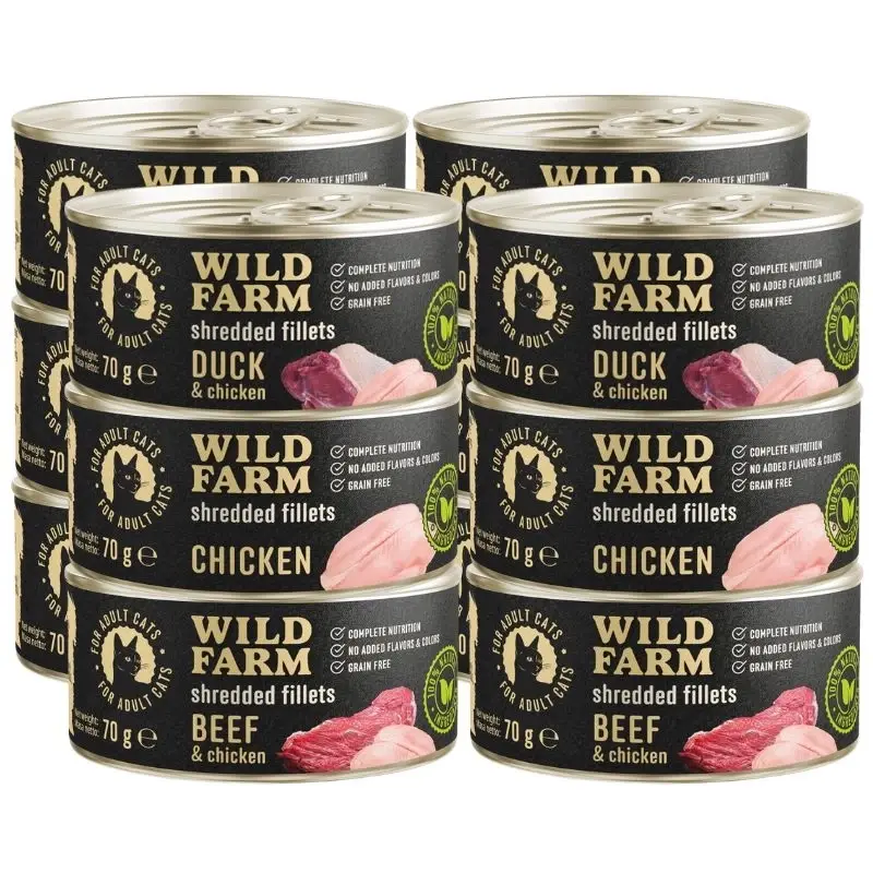 Rychlé Dodání WILD FARM Fillets Mix chutí 12x70g – bezobilné mokré krmivo pro kočky, filé v bujónu