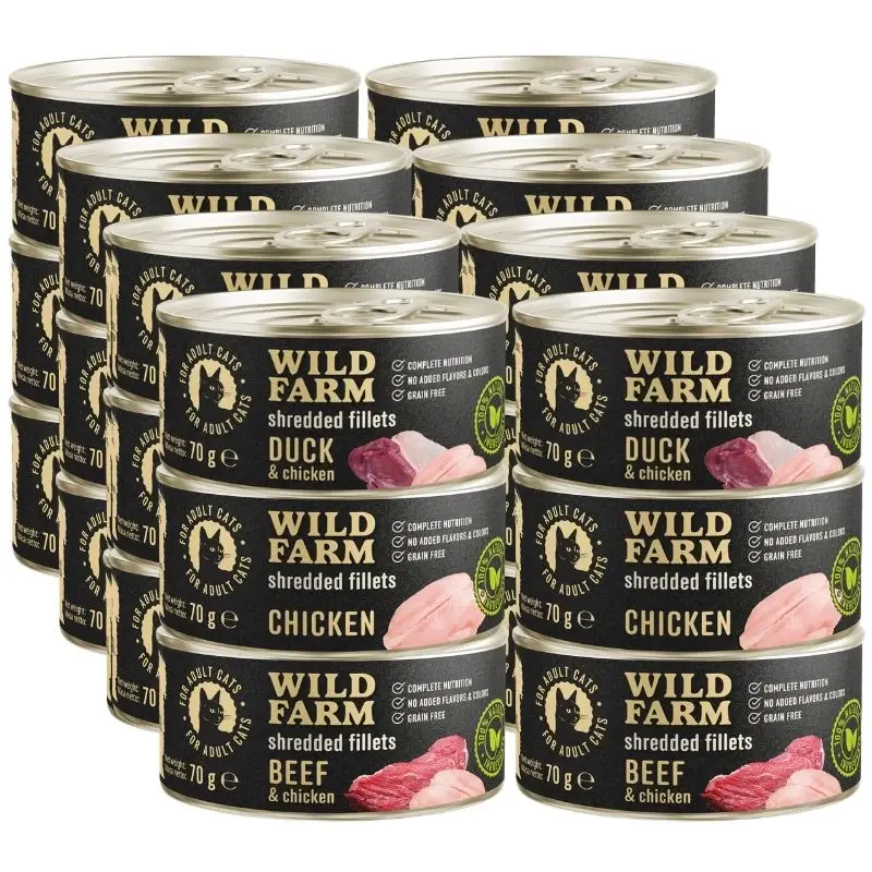 WILD FARM Fillets Mix chutí 24x70g – bezobilné mokré krmivo pro kočky, filé v bujónu Finální Výprodej