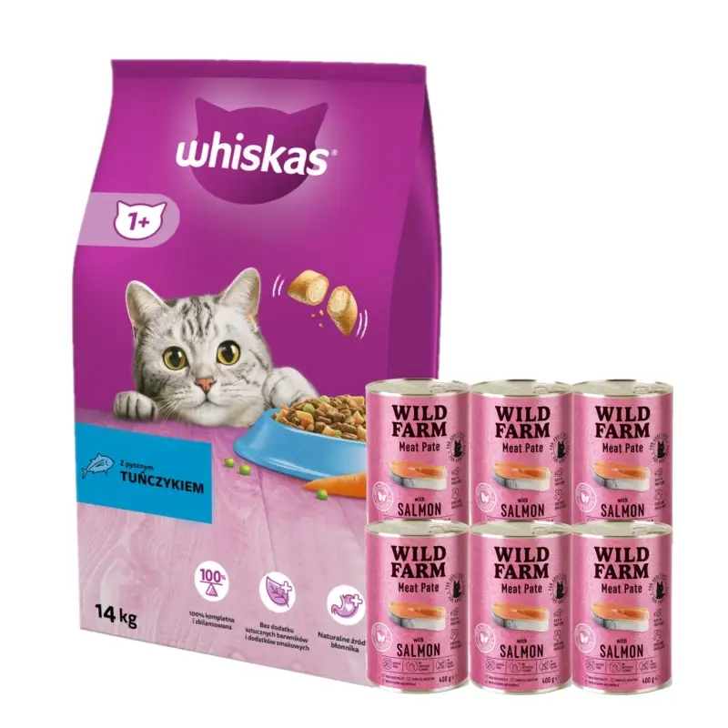 Whiskas Adult tuňák 14 kg + WILD FARM Pate Salmon 6x400g - bezlepkové krmivo pro kočky Jen Po Omezenou Doba
