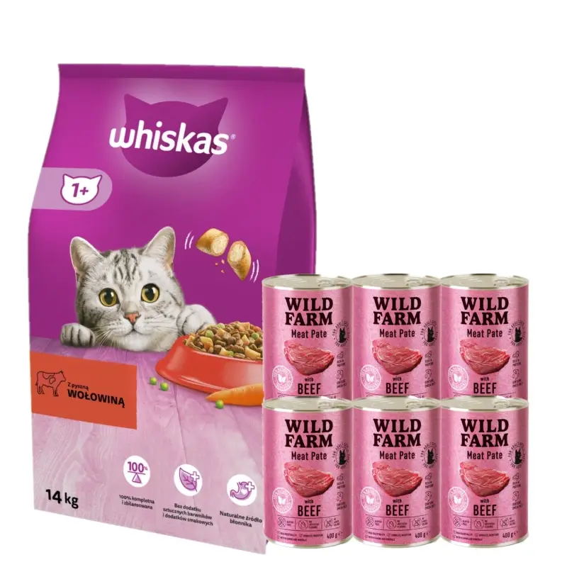 Akční Nabídka WHISKAS Adult hovězí 14 kg + WILD FARM Pate Beef 6x400g - bezlepkové krmivo pro kočky