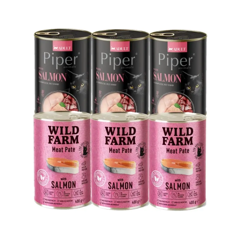Oblíbený DOLINA NOTECI Piper s lososem 3x400g + WILD FARM Paštika z lososa 3x400g - bezlepkové krmivo pro kočky