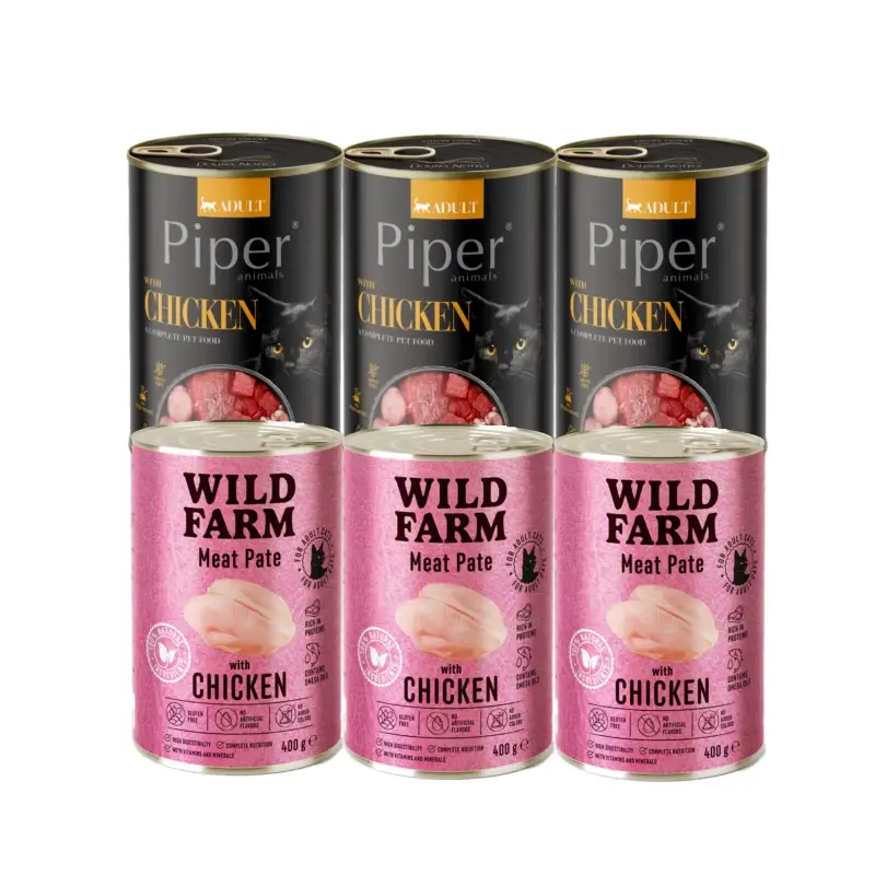 Must-Have DOLINA NOTECI Piper s kuřecím masem 3x400g + WILD FARM Pate Chicken 3x400g - bezlepkové krmivo pro kočky