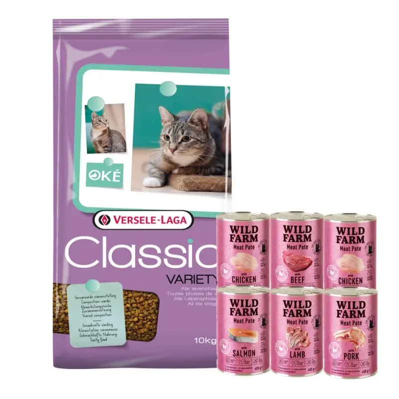 Akční Cena VERSELE-LAGA Classic Cat Variety 10kg + WILD FARM Pate Mix příchutí 6x400g