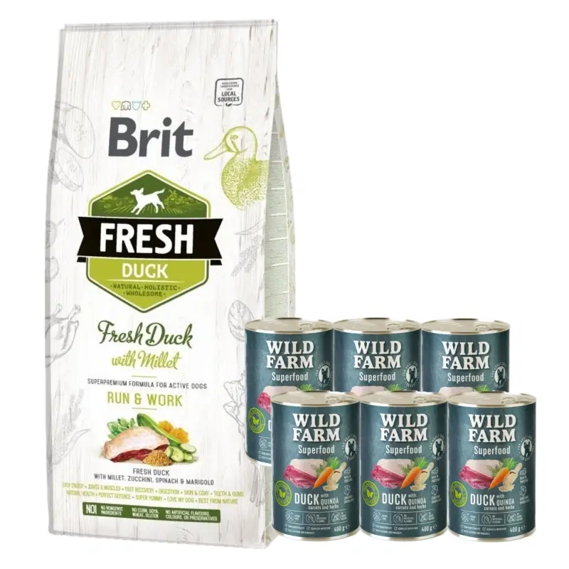 Novinka Brit Fresh Duck & Millet Adult Run & Work 12 kg + Wild Farm Superfood Duck 6x400g