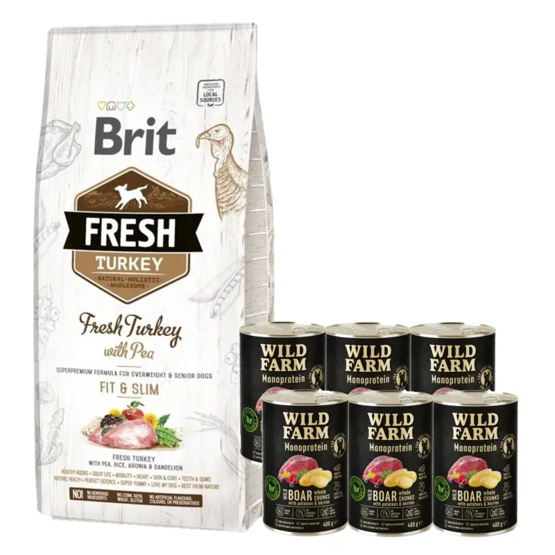 Finální Výprodej Brit Fresh Turkey & Pea Adult Fit & Slim 12 kg + Wild Farm Monoprotein Wild Boar 6x400g