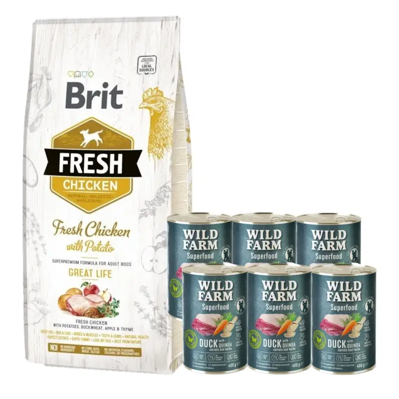 Brit Fresh Chicken & Potato Adult Great Life 12 kg + Wild Farm Superfood Duck 6x400g Top Prodej