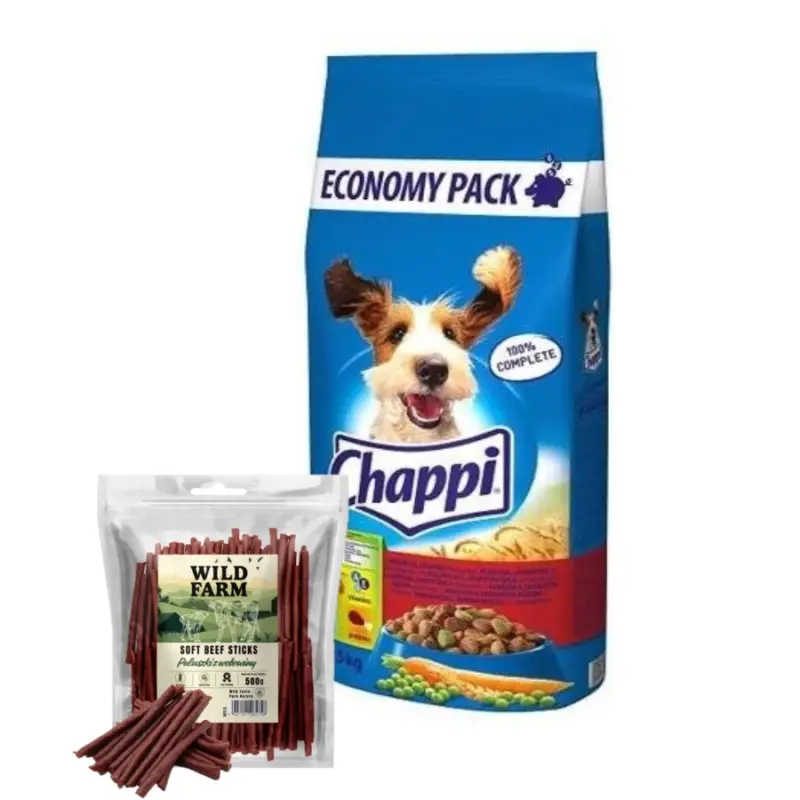 CHAPPI 13,5 kg - suché krmivo pro psy s hovězím masem, drůbeží a zeleninou + WILD FARM hovězí tyčinky 500g Pouze Dnes
